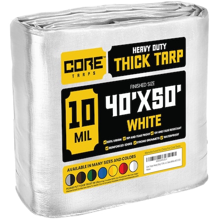 Heavy Duty Tarp, 50 ft L x 0.5 mm H x 40 ft W, 10 Mil, White, Polyethylene